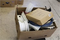 BOX OF MISC. WIRING, RIMS, DOWNSPOUT, ETC.