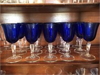 Vintage Cobalt Blue Clear Stem Wine Glass Set
