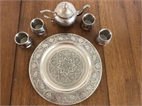 Vintage Polished Pewter Teapot, 4 cups & Platter
