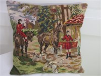 Vintage Needle Point Hunting Scene Pillow