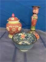 Asian Decor Ginger Jar, Candle Stick & Bowl