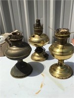 TWO BRASS OIL LAMPS, ONE ELECTRIC