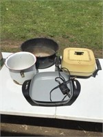 TWO ELECTRIC SKILLETS, TWO ENAMEL POTS (SOME RUST)
