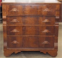 Burl Walnut Empire chest drawers w/carved pulls