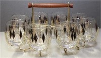 1960's beverage set with 8 glasses & carrying rack