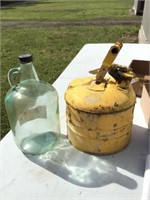 VINTAGE YELLOW METAL GAS CAN, GLASS BOTTLE