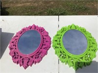 TWO PLASTIC MIRRORS - PINK & GREEN