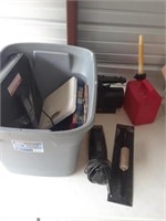 TOTE OF MISC, GAS CAN, AIR PUMP, CONCRETE TROWEL,