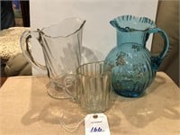 3 Glass Pitchers (Blue one has chip)