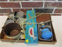 Box of Misc. Glass, Aluminum Measuring Cups +