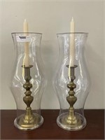 Pair of Hurricane Shades and Brass Candlesticks