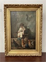 W. Bickum 1881 Oil on Canvas -Boy Feeding Chickens