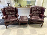 Pair of Wing Back Leather Chairs & Ottoman