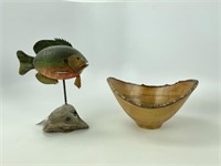 Dod Rowe Hand Painted & Carved Fish & Wooden Bowl