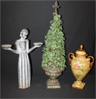 3pc Decor lot; Lidded Urn, Repaired Statue,