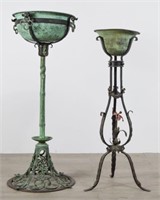 2 Green Patinated Iron Planters on Stands