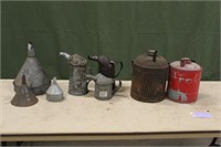 (3) Galvanized Oil Cans, (3) Galvanized Funnels &