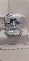 GLASS COVERED CHEESE DISH & TABLE CLOTH
