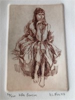 Etching of a woman thinking