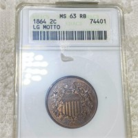 1864 Two Cent Piece ANACS - MS 63 RB