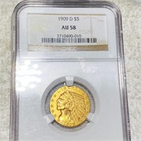 1909-D $5 Gold Half Eagle NGC - AU58