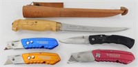 5 Knives: Filet Knife, Hunting Knife, 3 Husky