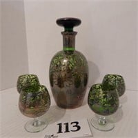 ART NOUVEAU DECANTER 8 IN WITH 4 MATCHING STEMS
