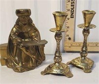 Pr brass candlesticks and heavy brass figure