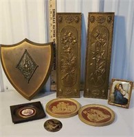 Box - brass floral plaques, shield plaque, etc