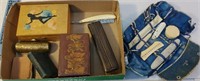 Box wooden boxes, celluloid travel items,