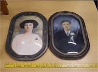 Pr antique portraits in bow glass frames