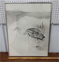 Signed watercolor and ink Heron painting approx