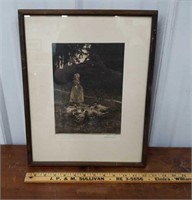 Signed etching mother and child with ducks approx
