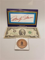 $2 Bill + Marilyn Monroe Coin + Wooden Token