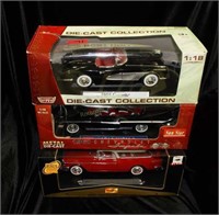 (3) 1/18 Scale Model Cars: MotorMax 1958 Corvette,