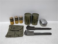 Military vintage tins, wrenches, and misc