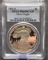 1991-S slab Proof Silver Eagle PCGS PR69 DCAM
