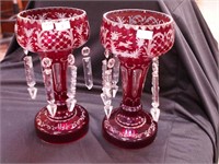 Pair of red Bohemian lustres, 10 1/2" high