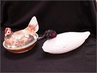 Two vintage covered dishes: 11" long milk
