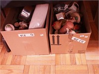 Two boxes of figurines, kitchen items and more