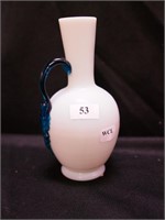 Vintage 6" opaline glass-handled vase, attributed