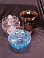 Three pieces of vintage glass: blue footed