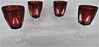 4 RUBY RED CLEAR STEMMED WINE GLASSES