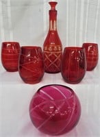 RUBY RED DECANTER/4 DRINKWARE *CRANBERRY VASE