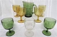 8 PC GOLD & GREEN THUMPRINT GOBLETS W/PITCHER