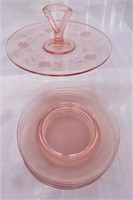 PINK ETCHED HORS D'EUVRE TRAY  & 7 PLATES