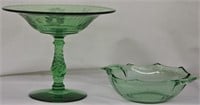 GREEN GLASS CANDY DISH & CANDY DISH W/STAND