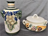 2 PC POTTERY COVERED CASSEROLE & WATER JAR