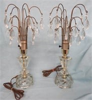 PAIR VINTAGE GLASS LAMPS W/ CRYSTAL PRISMS