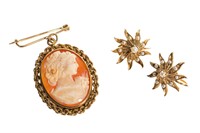 EDWARDIAN EARRINGS AND CAMEO BROOCH, 8g